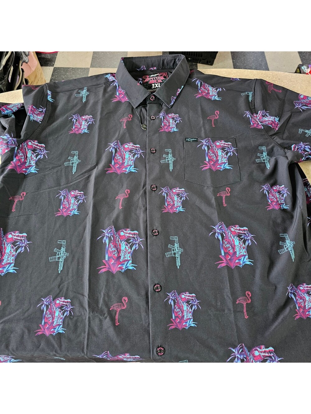 Gator Boi Men's 3XL Black Button-Up Shirt with Neon Tropical Print NEW